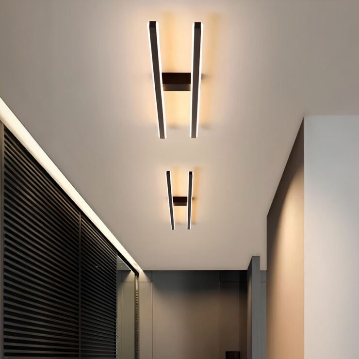 L'image montre 2 lustres minimalistes avec deux barres LED parallèles, chacun de couleur noire, l'un derrière l'autre fixés sur le plafond d'un couloir. Ils diffusent une lumière blanc chaud. Sur la gauche, on aperçoit un mur marron foncé, style placard.