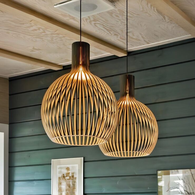 On aperçoit une pièce avec un mur en lattes de bois peintes en vert, le plafond est bois beige. Sur le mur vert, deux petites cadres. Sont suspendus au plafond, deux lustres salle à manger en bois ajouré de forme ronde laissant passer la lumière à travers les lamelles de bois.