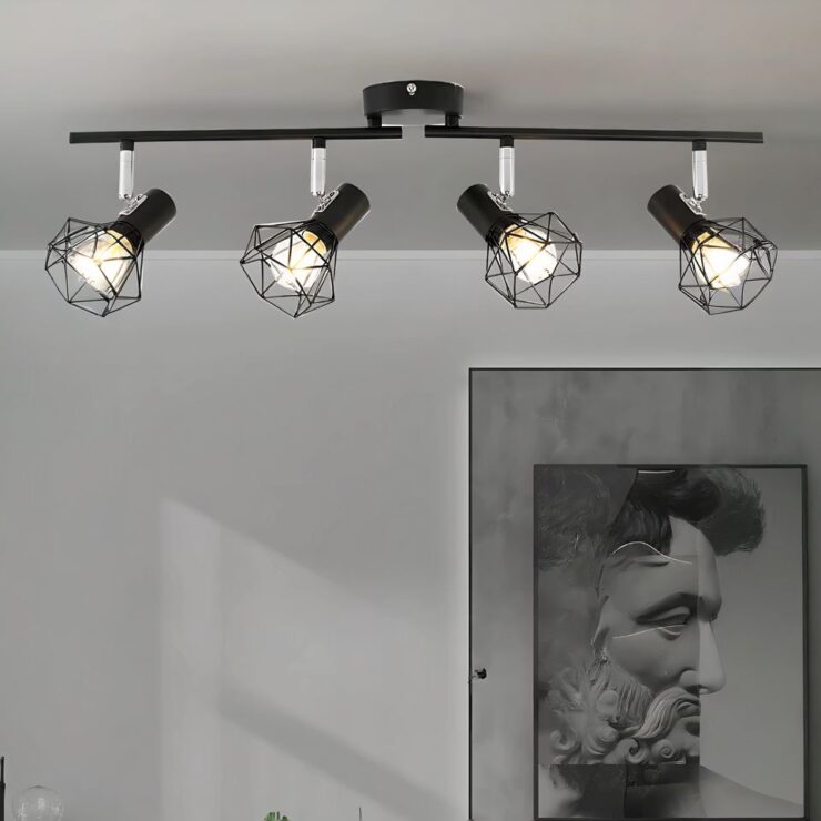 Lustre spot style industriel fixé sur un plafond gris. Il est composé d'un socle rond noir sur lequel sont reliés deux barres horizontales de chaque côté. Sur chaque barre, deux spots allumés en forme de cage en métal. Le mur derrière est gris avec un tableau gris d'un homme, style peinture. L'ensemble est noir mis à part les petites barres qui tiennent les spots sur la barre qui sont gris.