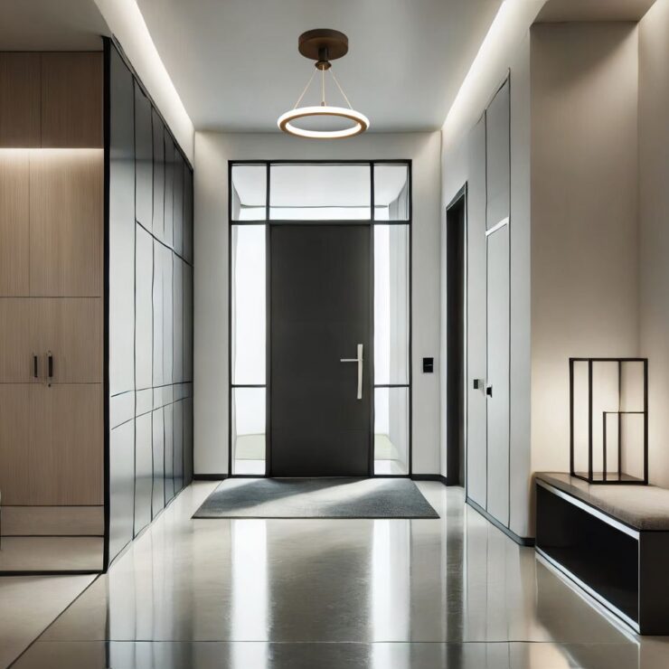 Un lustre couloir et entrée anneau suspendu éclaire un couloir moderne aux lignes épurées, avec des murs en bois et en verre, un sol poli et une banquette minimaliste pour une entrée élégante et lumineuse.