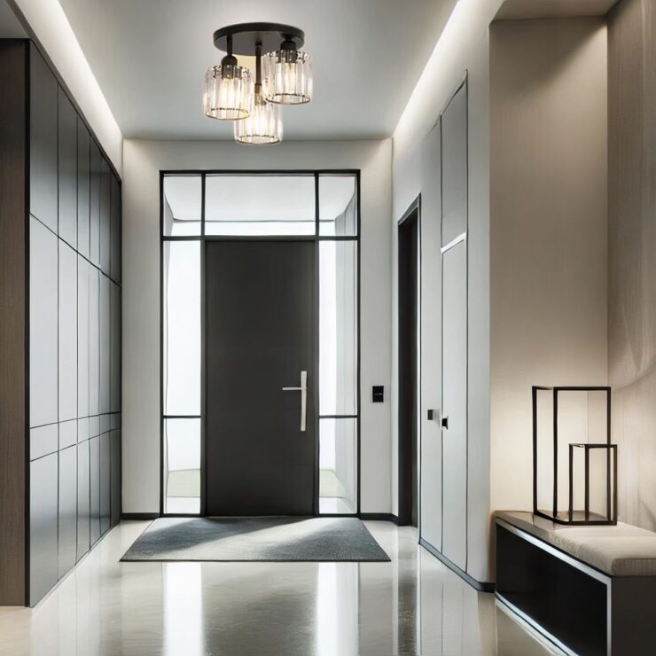 Un lustre couloir et entrée en cristal composé de trois abat-jour cylindriques en verre transparent, suspendus à une base noire. Les abat-jours laissent entrevoir les ampoules, créant un effet de lumière raffiné et moderne. Le plafonnier est installé dans le couloir d’une entrée.