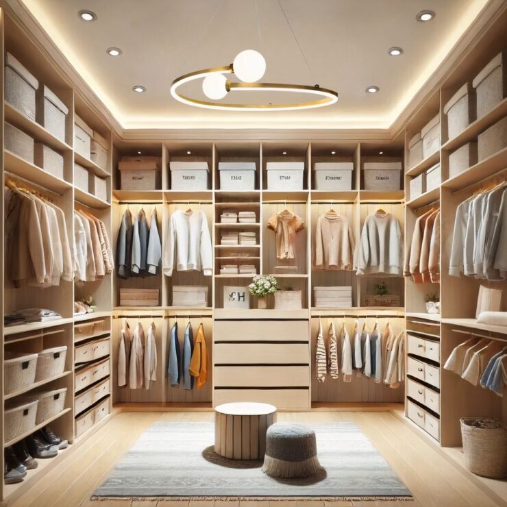 Un lustre rond avec sphères lumineuses éclairant un dressing organisé, rempli de vêtements et de paniers de rangement sur des étagères en bois clair.
