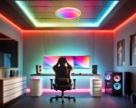 Un lustre gamer plafonnier intelligent rond est au plafond d’une pièce de gaming moderne et immersive, avec un bureau équipé de plusieurs écrans et une chaise de gamer noire.