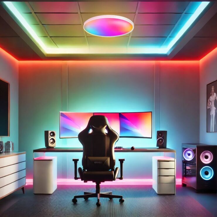 Un lustre gamer plafonnier intelligent rond est au plafond d’une pièce de gaming moderne et immersive, avec un bureau équipé de plusieurs écrans et une chaise de gamer noire.