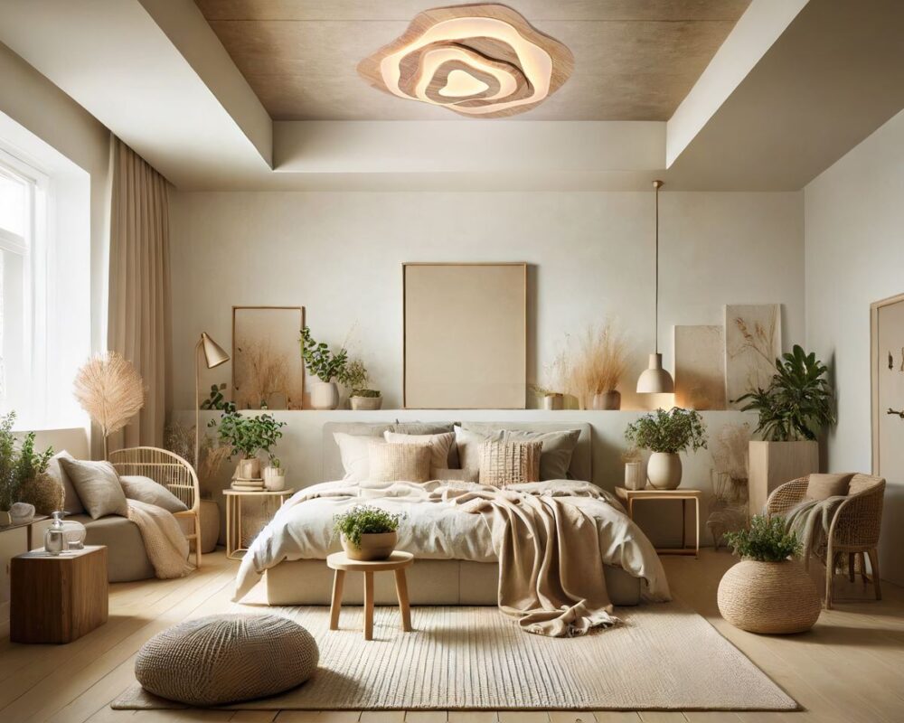Lustre chambre adulte en bois naturel et au design moderne allumé et dans une chambre à la décoration naturelle. Les murs sont beiges et on peut voir beaucoup de bibelots et autres vases avec des fleurs séchés. Un grand tapis beige est au sol et un pouf est sur l'avant-plan de la photo.