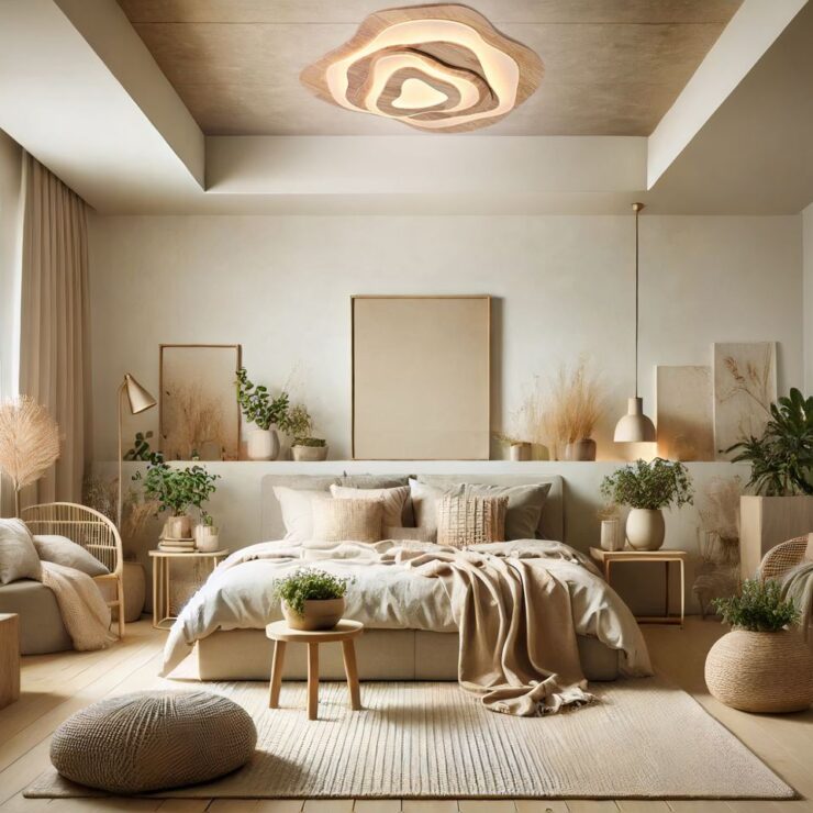 Lustre chambre adulte en bois naturel et au design moderne allumé et dans une chambre à la décoration naturelle. Les murs sont beiges et on peut voir beaucoup de bibelots et autres vases avec des fleurs séchés. Un grand tapis beige est au sol et un pouf est sur l'avant-plan de la photo.