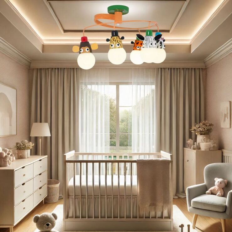 Lustre chambre bébé animaux de la jungle, en version 5 lumières, accroché au plafond et au-dessus d'un lit bébé, dans une chambre aux teintes douces et naturelles : beige et vert tendre.