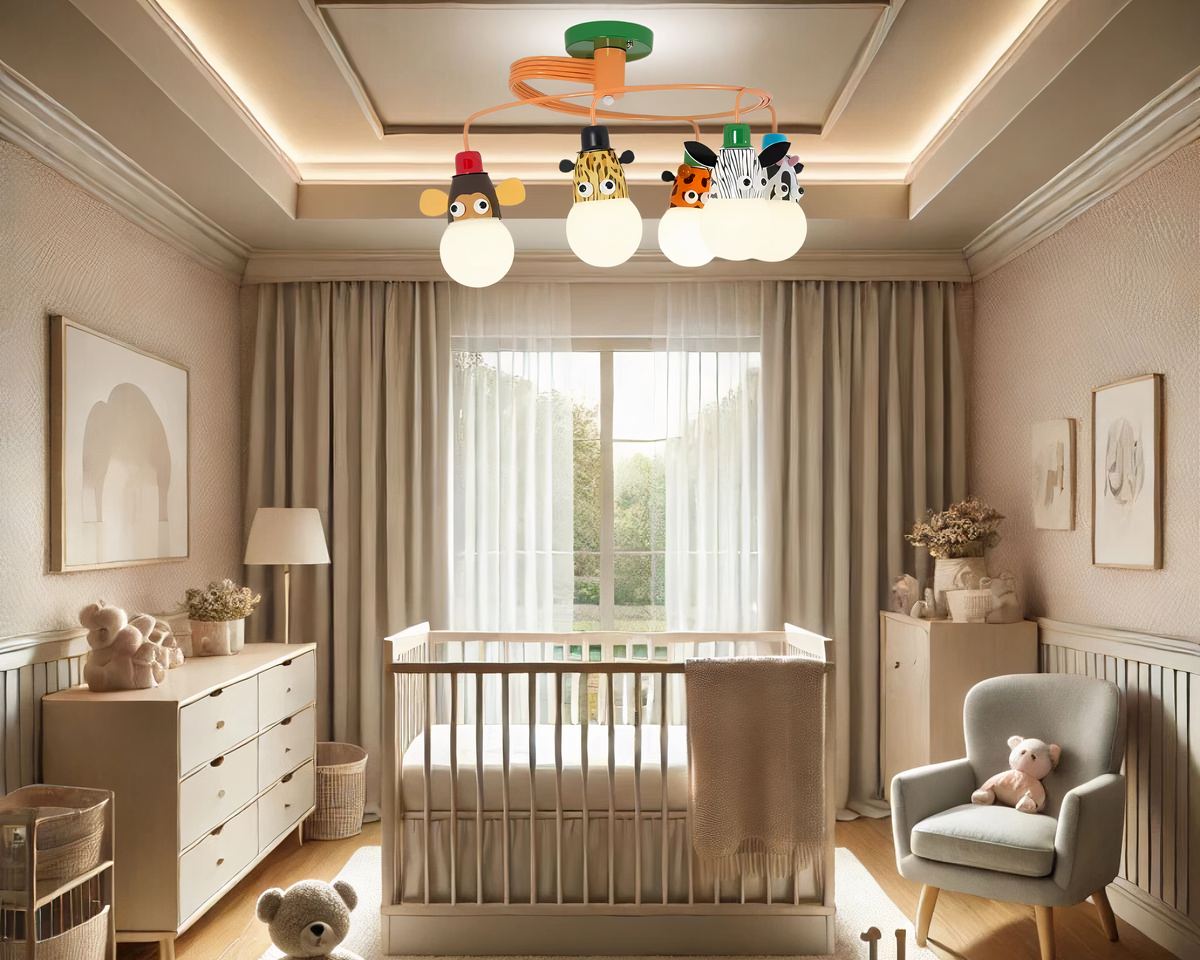 Lustre chambre bébé animaux de la jungle, en version 5 lumières, accroché au plafond et au-dessus d'un lit bébé, dans une chambre aux teintes douces et naturelles : beige et vert tendre.