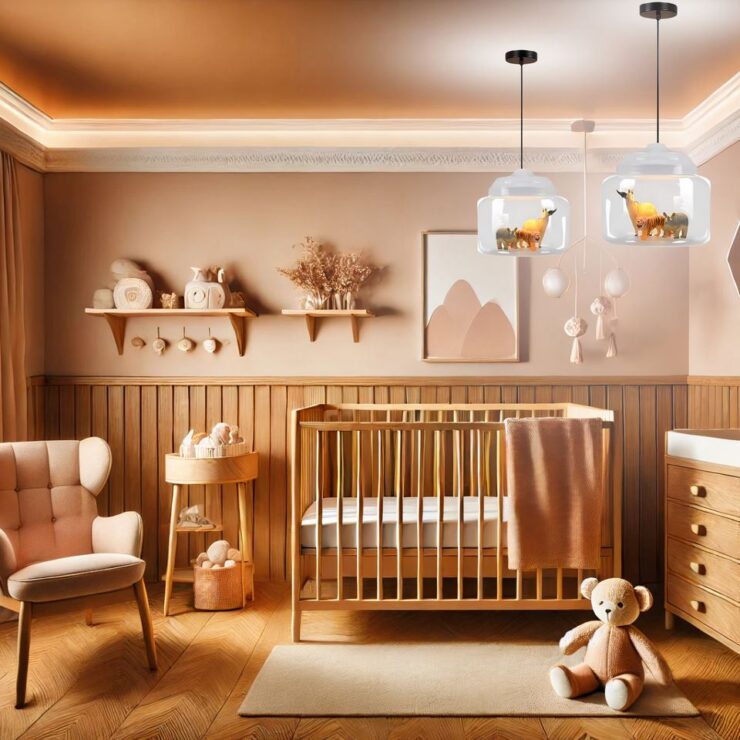Lustre chambre bébé en verre à personnaliser avec figurines, suspendu dans une chambre de bébé avec une décoration dans les tons bois de rose. Il y a un fauteuil à oreilles à gauche, un nounours posé par terre, et une grande commode en bois sur la droite. Les murs sont également décorés.