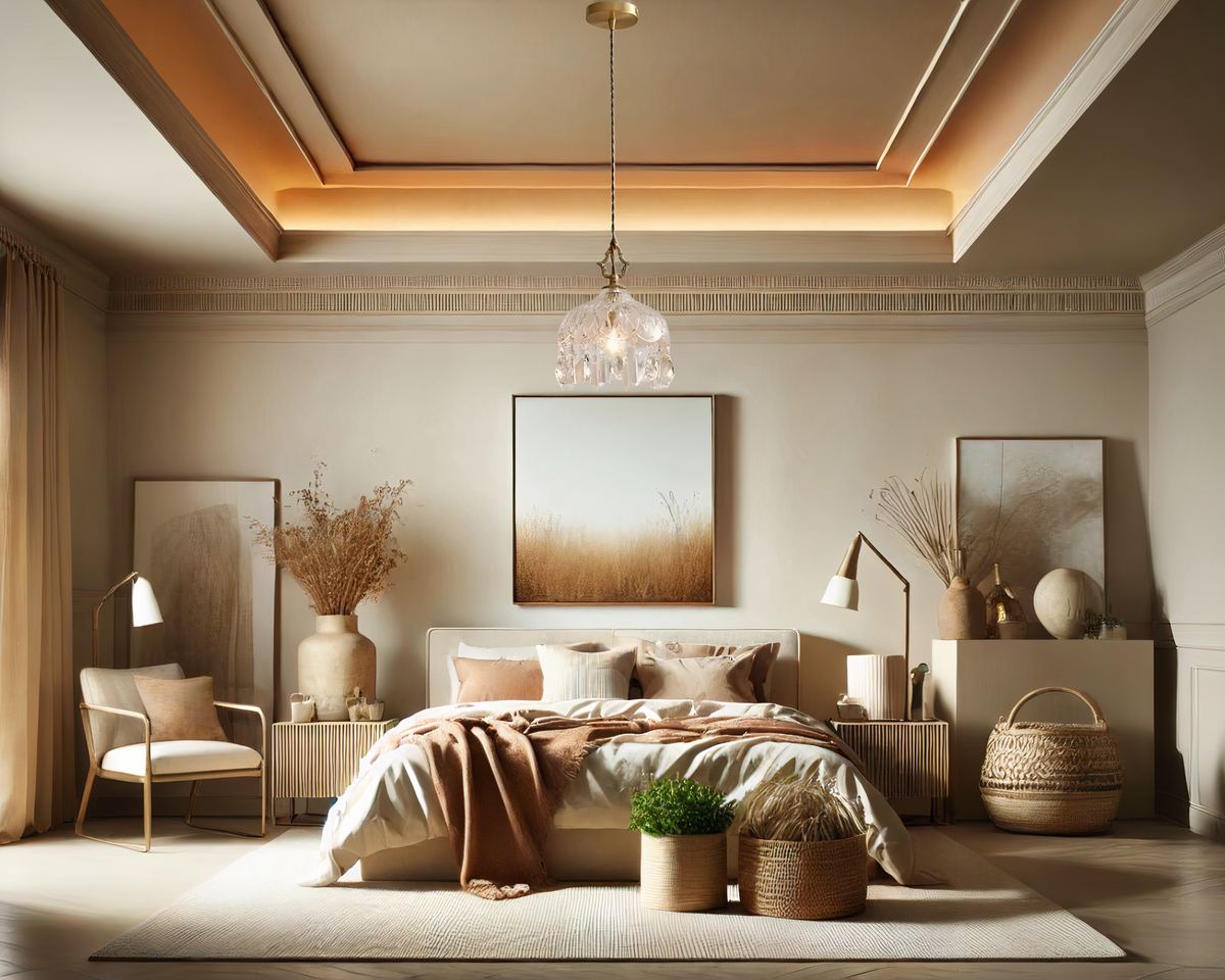 Lustre de chambre adulte à pampilles en verre, dans une chambre moderne, avec une décoration bohème et naturelle. Une grande toile se trouve sur le mur du fond, divers bibelots sont disposés autour du grand lit. Une grande plante se trouve au pied du lit.