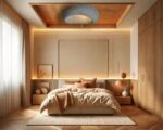 Lustre plafonnier chambre adulte style Wabi Sabi en version grise, dans une chambre à la décoration épurée et aux teintes naturelles. Les murs sont blancs avec des touches de bois clair.