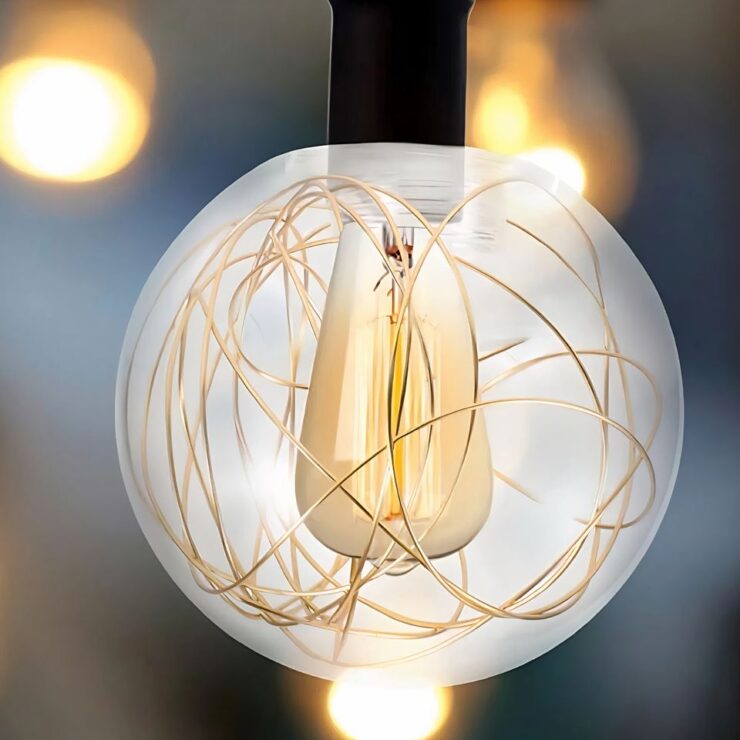 Boule de verre transparente pour lustre, contenant un filament métallique décoratif, créant un effet lumineux élégant et sophistiqué.
