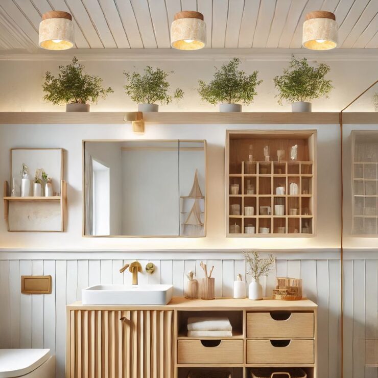 Il y a 3 lustres salle de bain en pierre qui diffuse une lumière chaleureuse. Ils sont au plafond d'une salle de bain aux tons neutres.