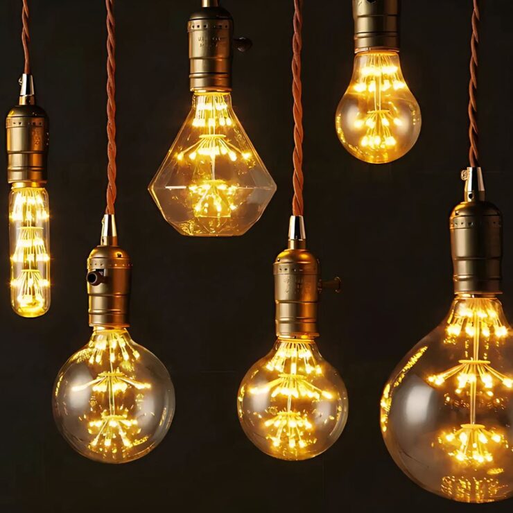 Ampoule lustre LED forme ludique et originale, allumée et suspendue sur fond noir.