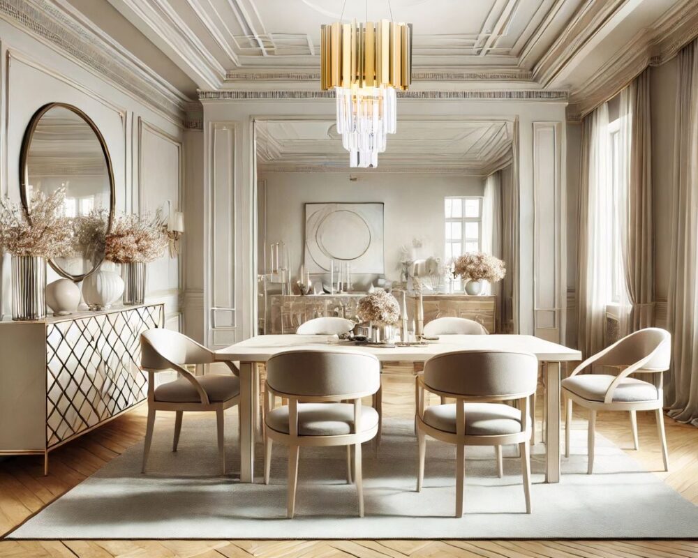 Lustre art déco doré aux pampilles de cristal installé au-dessus d'une grande table de salle à manger. La décoration de cette salle à manger est dans des teintes beiges et on voit un grand buffet blanc sur le côté droit, avec des fleurs de la pampa séchées. Les fauteuils de la table sont de style art déco, en tissu beige.