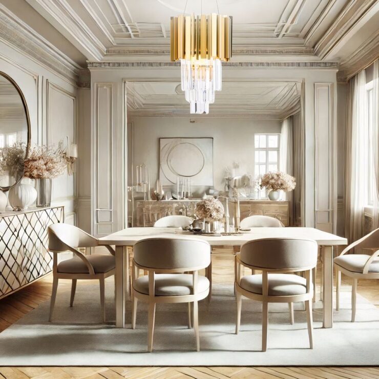 Lustre art déco doré aux pampilles de cristal installé au-dessus d'une grande table de salle à manger. La décoration de cette salle à manger est dans des teintes beiges et on voit un grand buffet blanc sur le côté droit, avec des fleurs de la pampa séchées. Les fauteuils de la table sont de style art déco, en tissu beige.