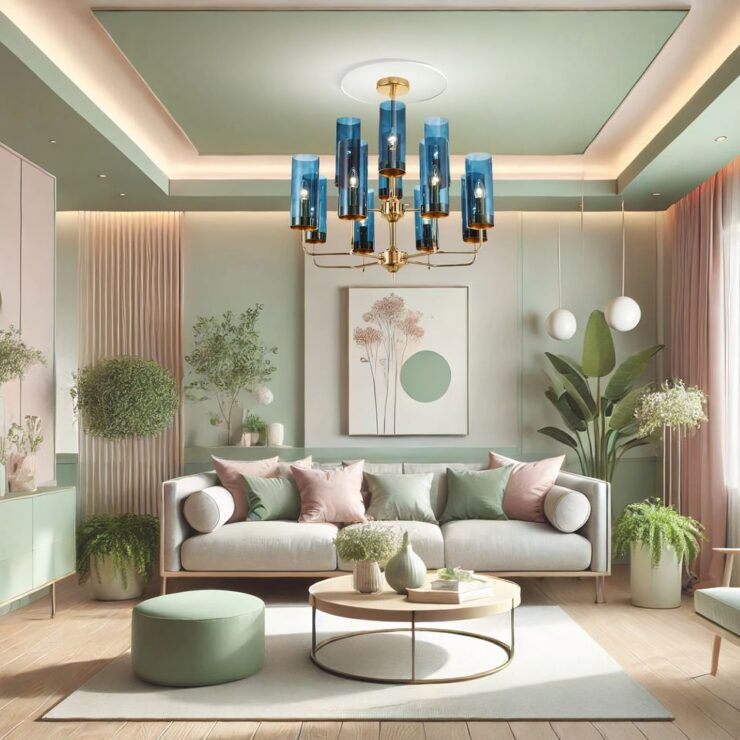 Lustre art déco en verre bleu canard dans un salon à la décoration dans les tons vert tendre et rose pale. le canapé est beige avec des coussins verts et roses disposés dessus. une grande table basse ronde à la structure métallique est disposée devant ce canapé et il y a un grand tapis beige posé au sol.