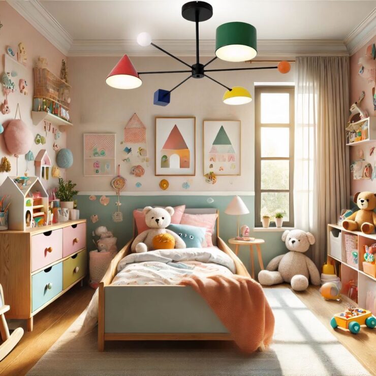 Lustre chambre de bébé formes géométriques accroché au plafond d'une chambre de tout metit avec un lit au milieu. Sur ce lit, il y a un gros nounours et il y a beaucoup de décoration en tout genre sur les murs, principalement des affiches. On voit aussi de petits meubles de rangement.
