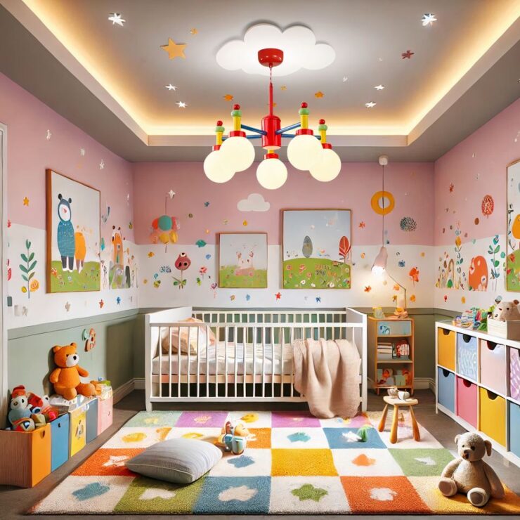 Lustre chambre de bébé multicolore style bilboquet retourné dans une chambre de bébé très colorée. Il est accroché au plafond sur une plaque en forme de nuage. Les murs sont dans les tons rosés et verts, il y a un tapis très coloré au sol et tout un tas d'affiches, elles aussi, colorées sur les murs.