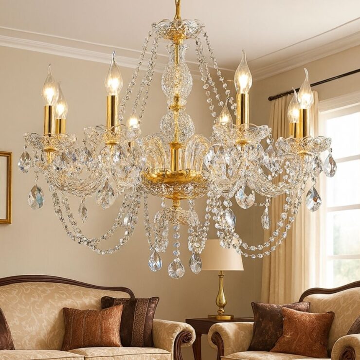 Suspension doré style baroque avec 6 chandeliers, accrochée au plafond dans un salon au style vintage