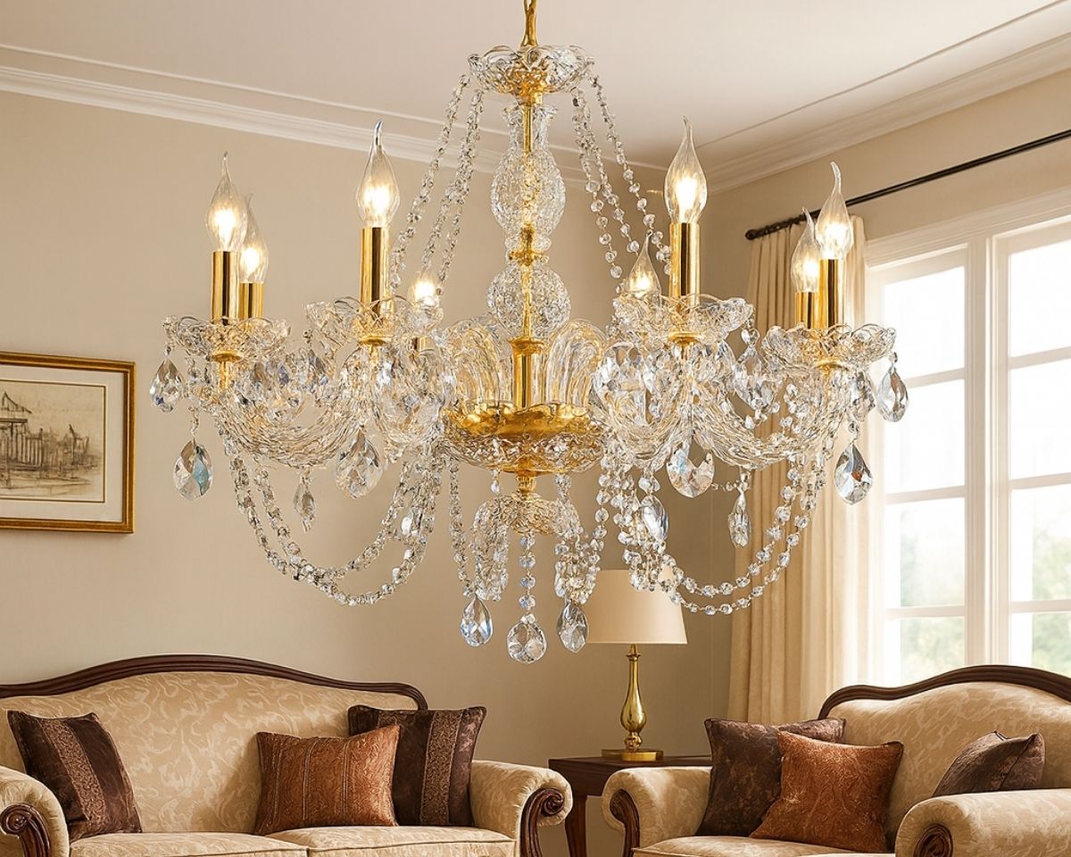 Lustre chandelier baroque en cristal Suspension doré style baroque avec 6 chandeliers, accrochée au plafond dans un salon au style vintage