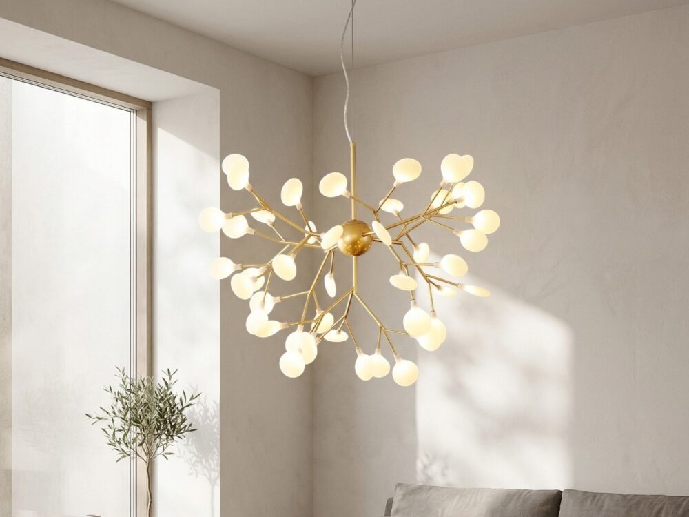 Le lustre LED sculptural doré et globes givrés suspendu au plafond dans une pièce ensoleillée.