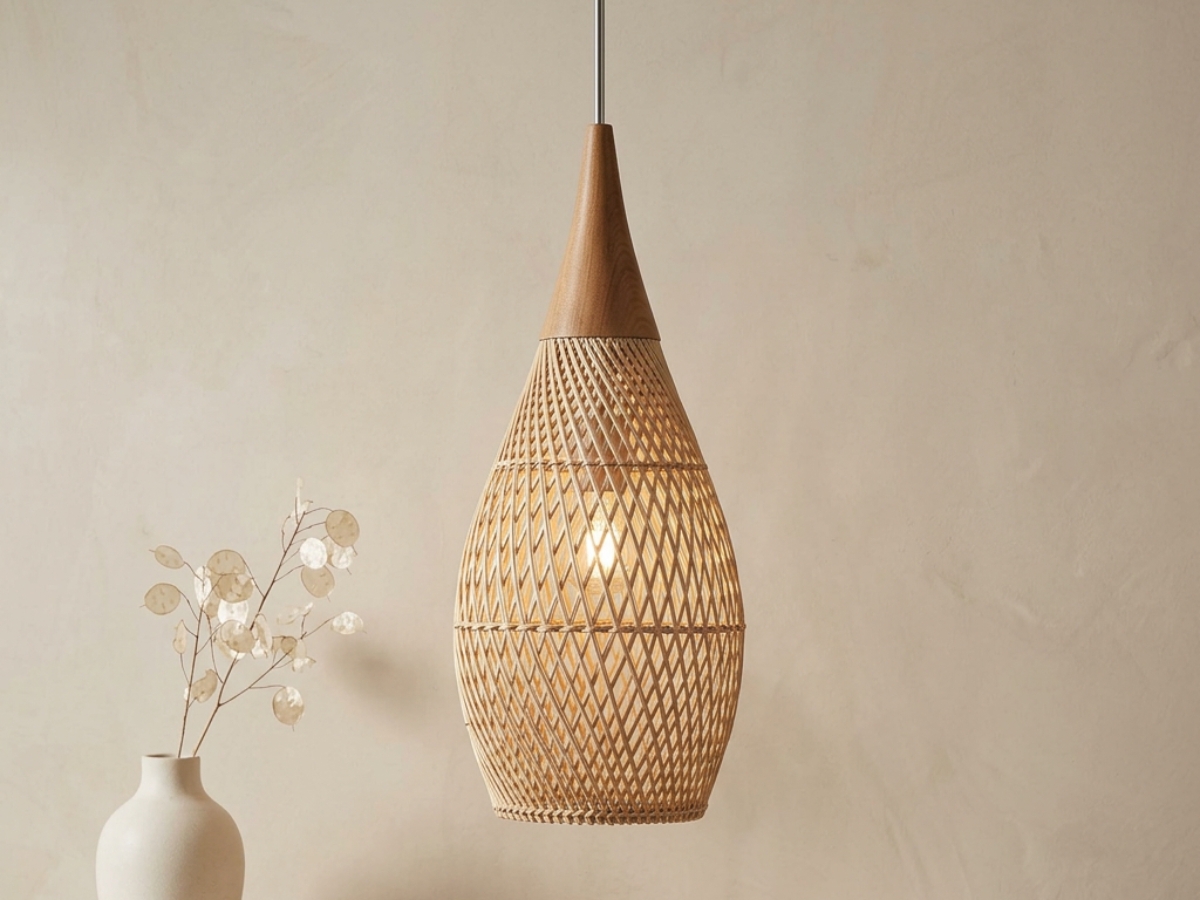 Lustre naturel en rotin tressé en forme de goutte, au dessus d'une table