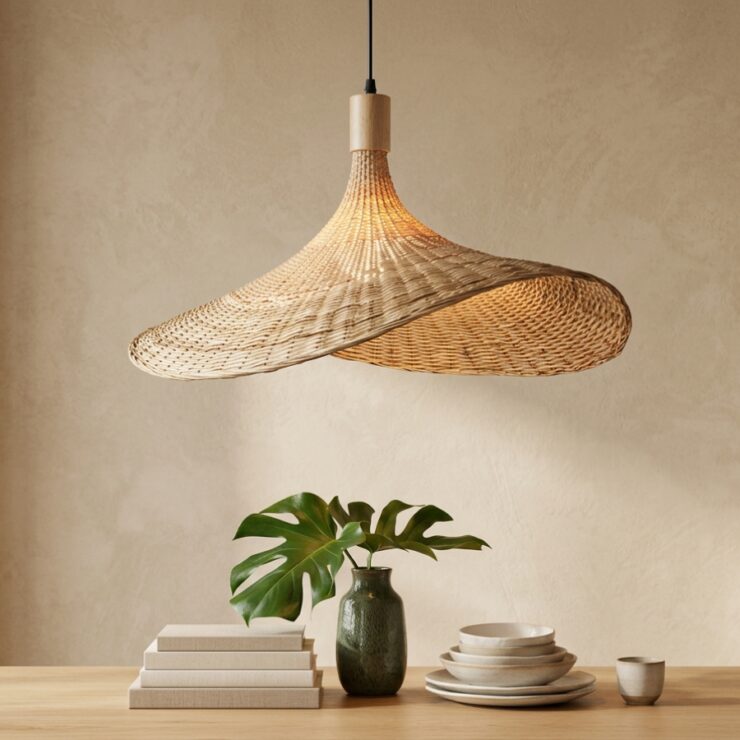 Grand lustre en rotin tressé en forme de chapeau, dans un salon beige au-dessus d'une table