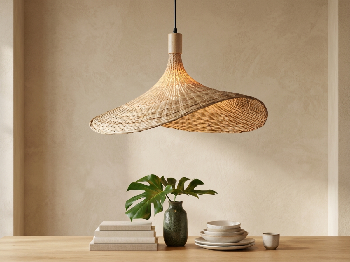 Grand lustre en rotin tressé en forme de chapeau, dans un salon beige au-dessus d'une table