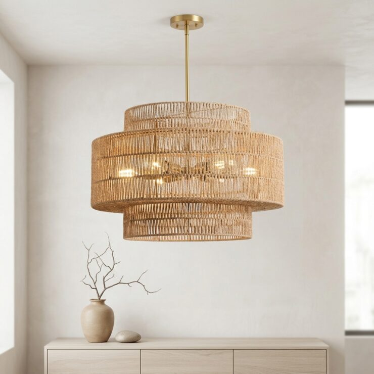 Grand lustre en forme de cylindre en rotin naturel, dans un salon minimaliste beige