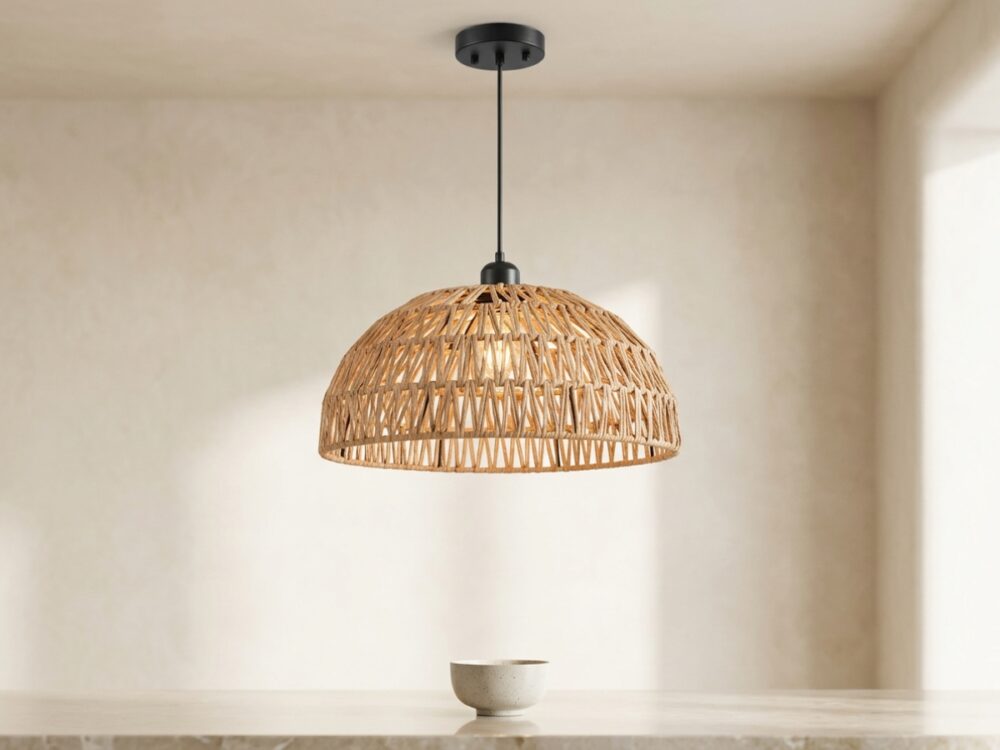 Lustre en rotin en forme de dôme, style Bali bohème chic, devant un mur beige