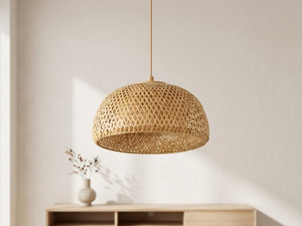 Lustre en rotin style Bali bohème chic, dans un salon beige minimaliste