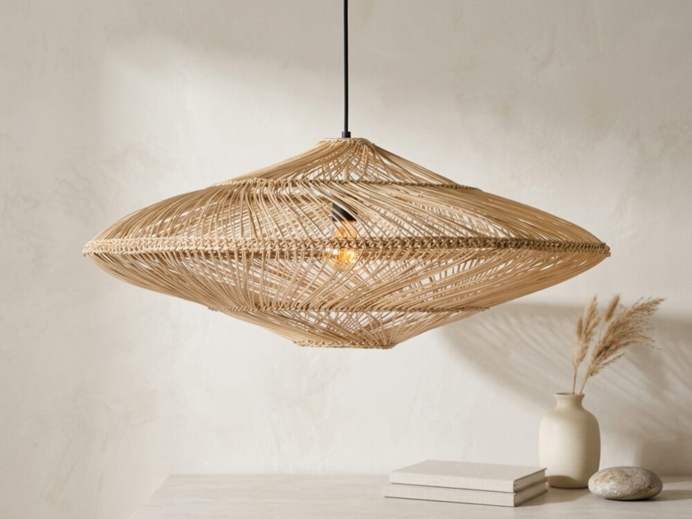 Lustre en rotin tressé style Bali, forme ovale, avec un mur beige en fond