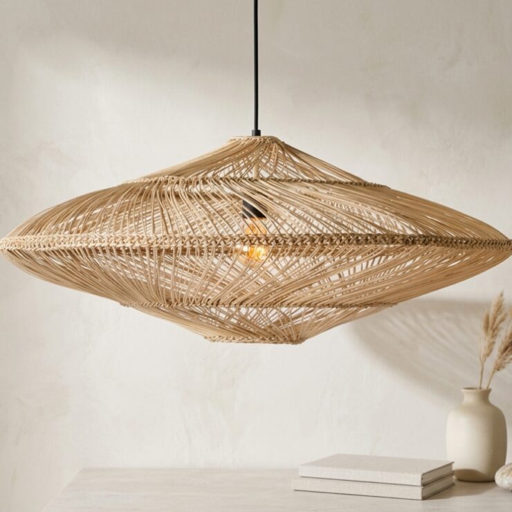 Lustre en rotin tressé style Bali, forme ovale, avec un mur beige en fond