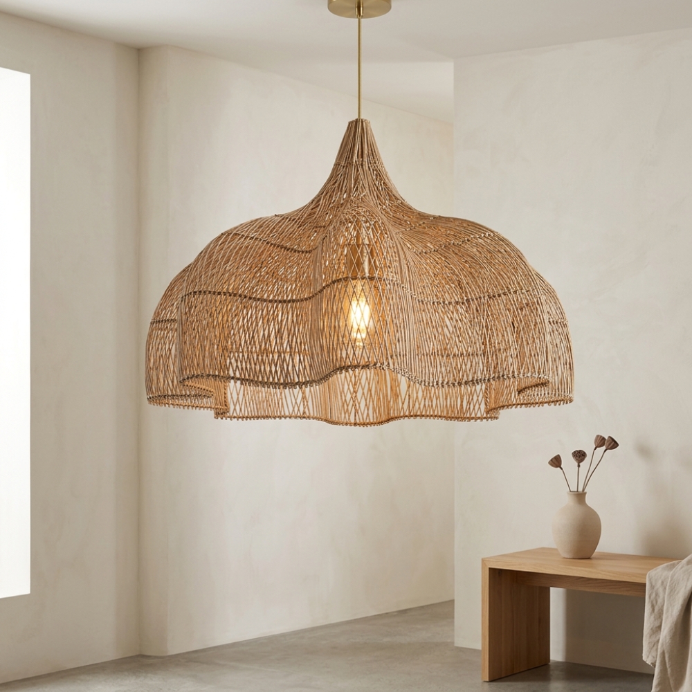 Lustre au style bohème en rotin tressé, en forme de dôme, dans un salon beige minimaliste