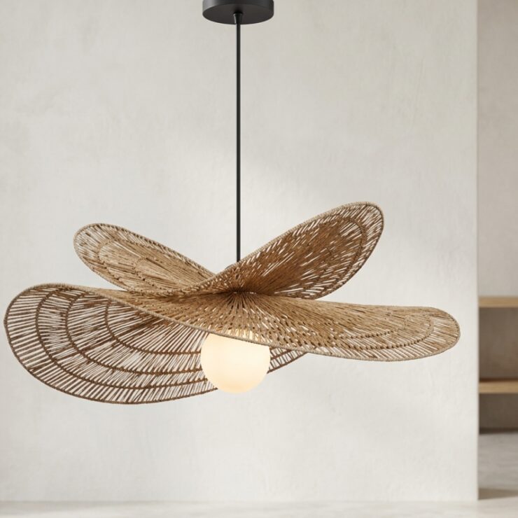 Lustre bohème et décoratif en fibres naturelles tressées, dans un salon beige