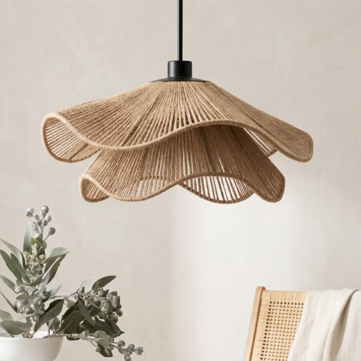 Lustre bohème en forme de fleur dans des coloris naturels, installé dans un salon
