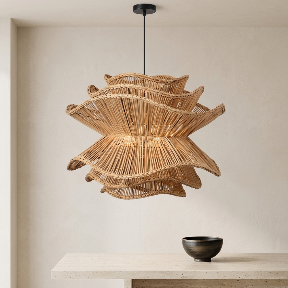 Lustre naturel en rotin tressé en forme de vagues, dans un salon beige