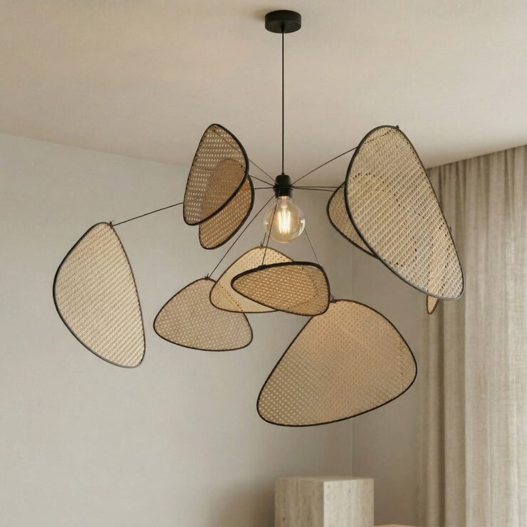 Un lustre en rotin tressé style bohème chic contemporain suspendu au plafond, avec plusieurs abat-jour en feuilles autour d’une ampoule, dans une pièce claire.