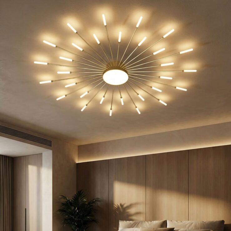 Lustre plafonnier LED doré style feu d’artifice avec branches lumineuses pour salon moderne et salle à manger design