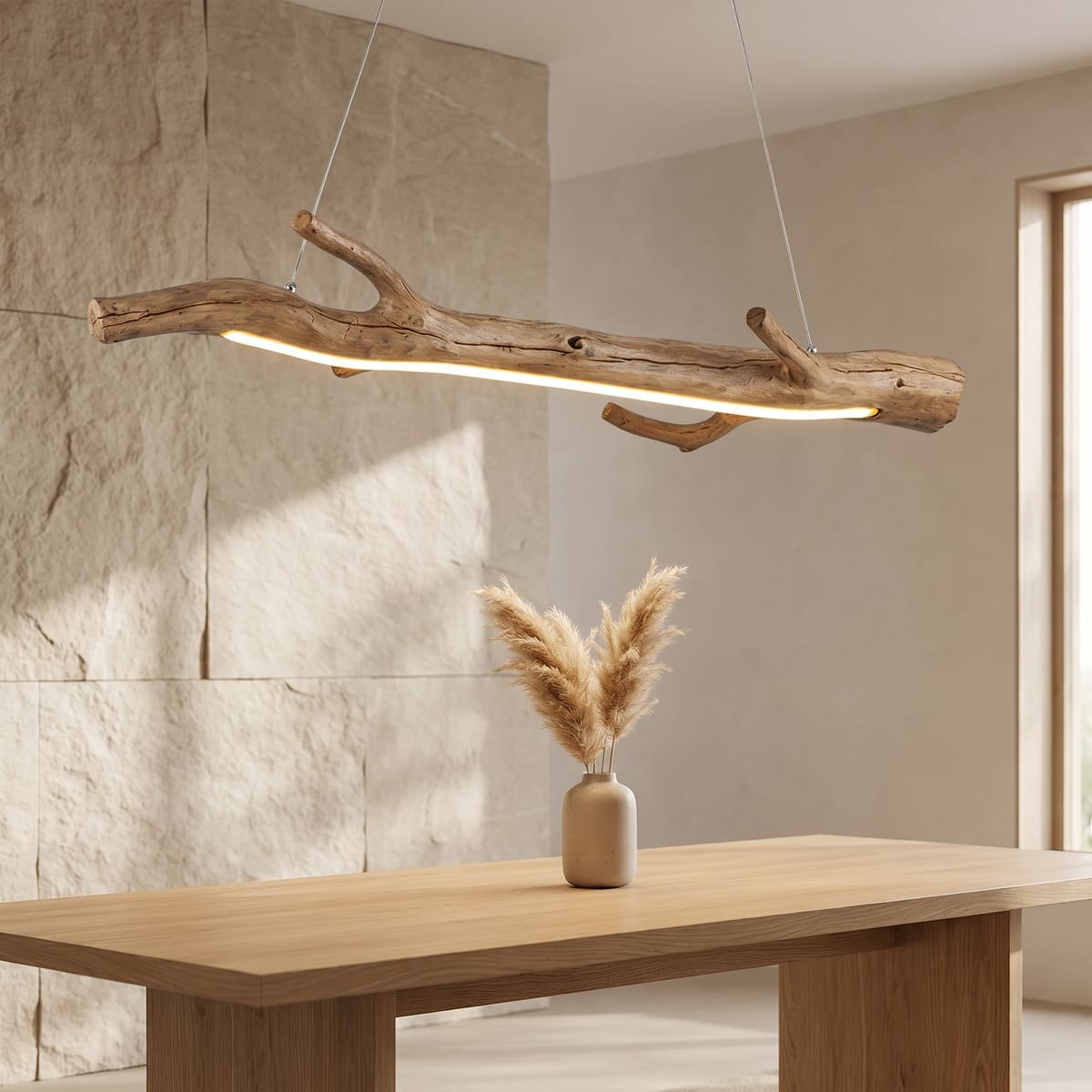 Plafonnier suspendu rondin bois flotté avec LED intégrée