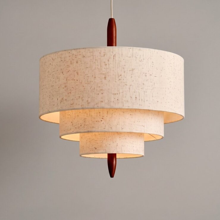 Lustre japonais en tissu beige : trois abat-jour ronds en lin moucheté et fleurons en bois couleur acajou