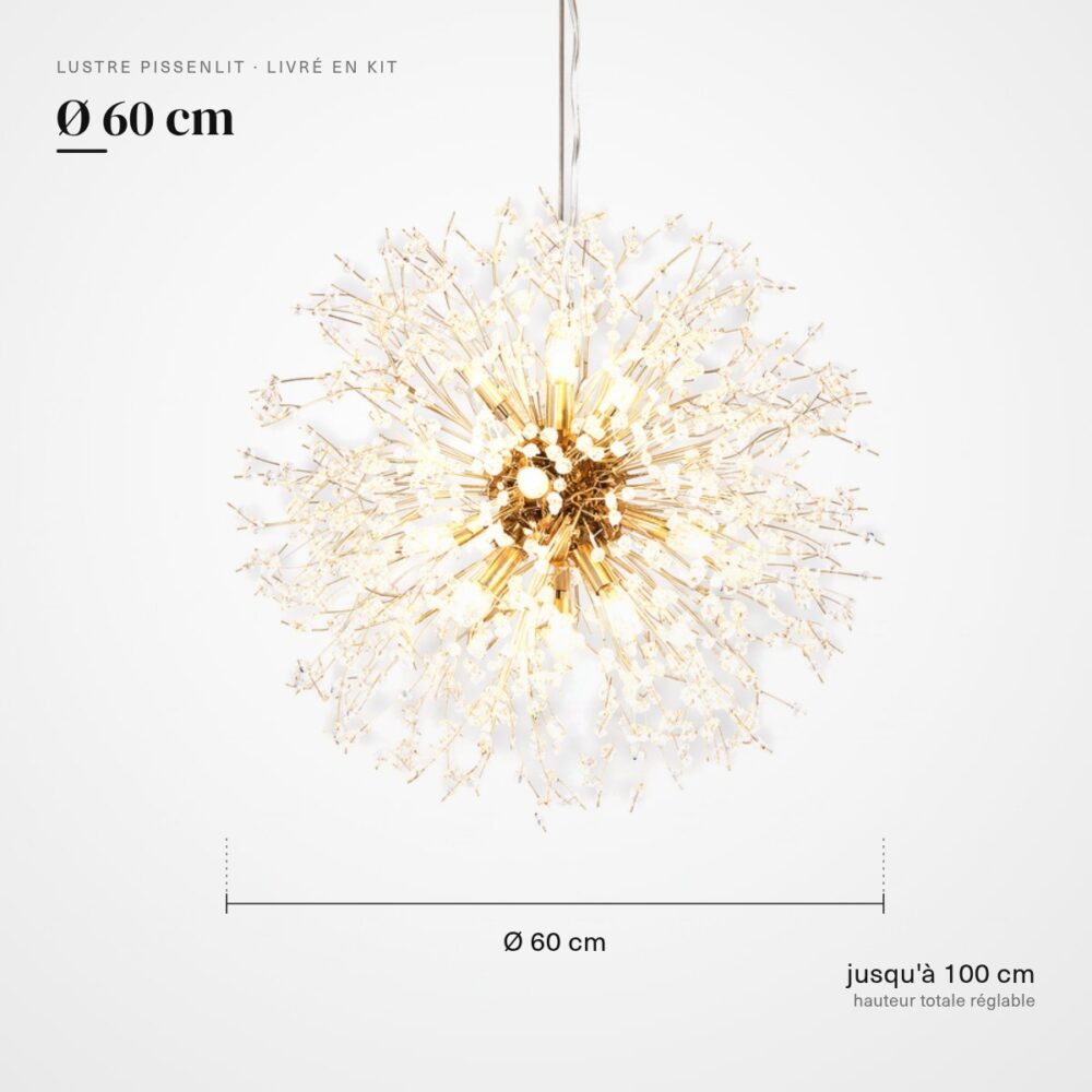 Dimensions du lustre pissenlit en cristal : Ø 60 cm, hauteur totale réglable jusqu’à 100 cm, livré en kit