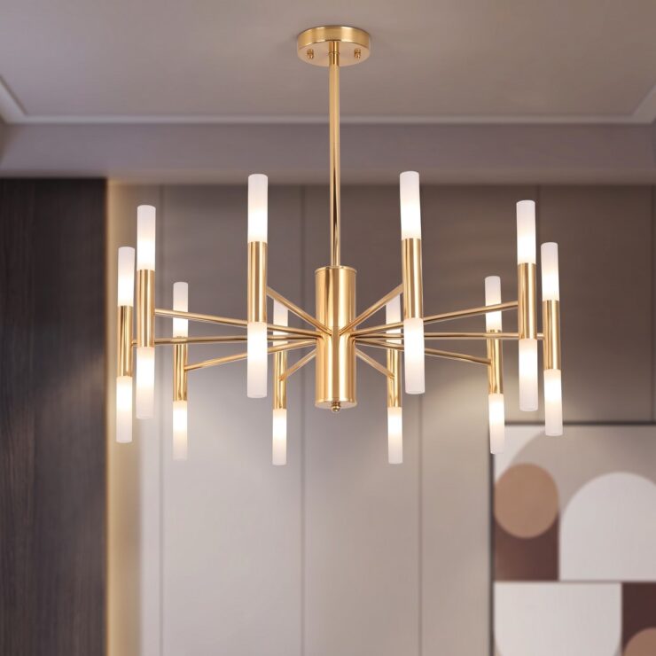 Lustre XXL spoutnik doré à 20 tubes blancs